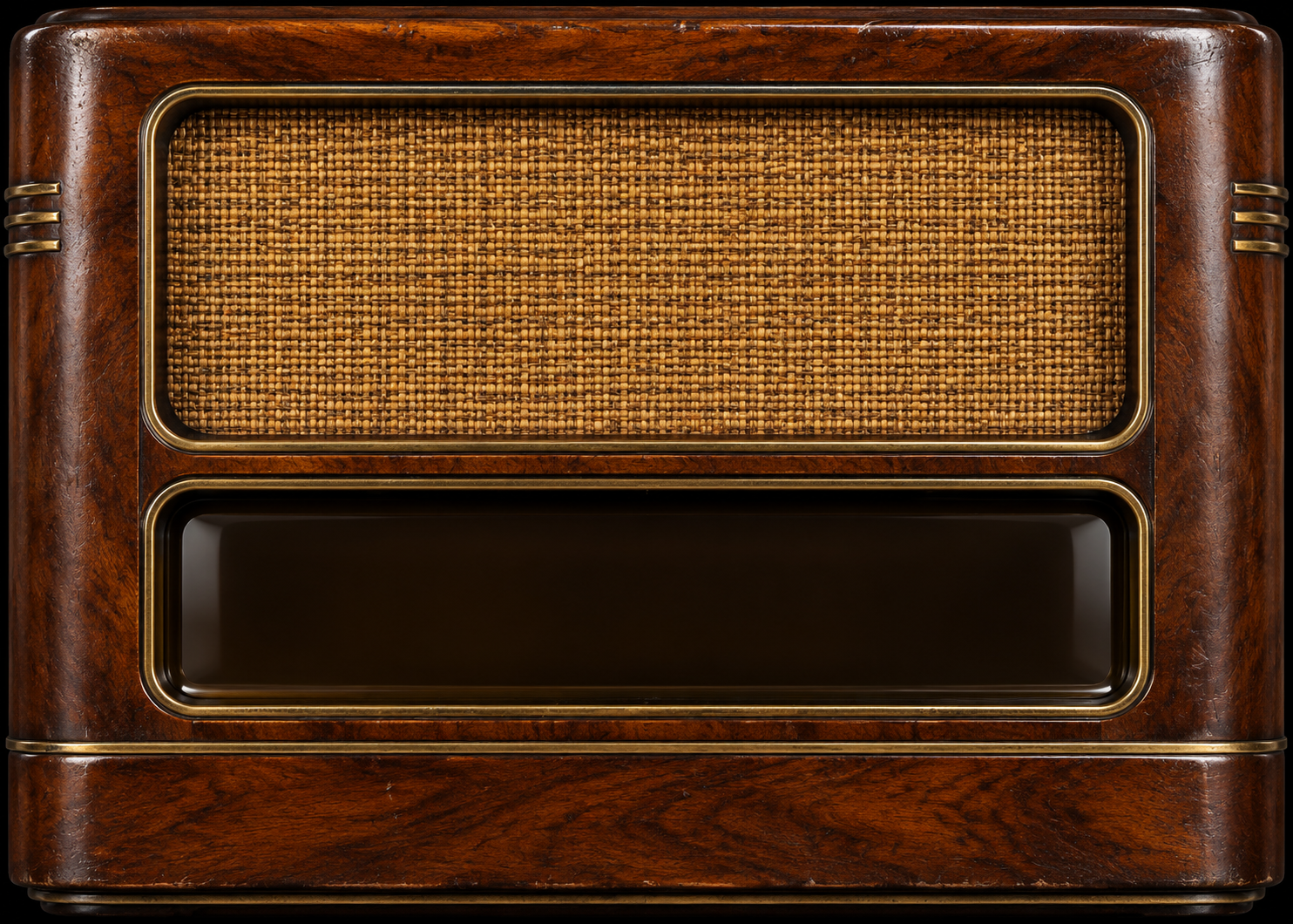 Dark walnut radio cabinet with woven speaker grille